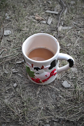 hrníček kávy položený v trávě