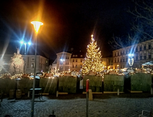 Rozsvícený vánoční strom na trzích v Brně